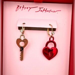 Betsey Johnson Gold and Red Key Heart Earrings